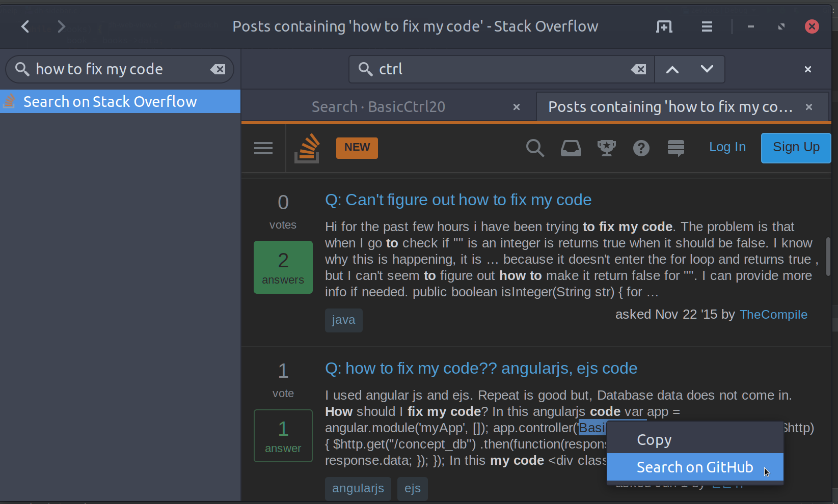 Sreenshot 2: ZevDocs also can search through Stack Overflow and source code on GitHub